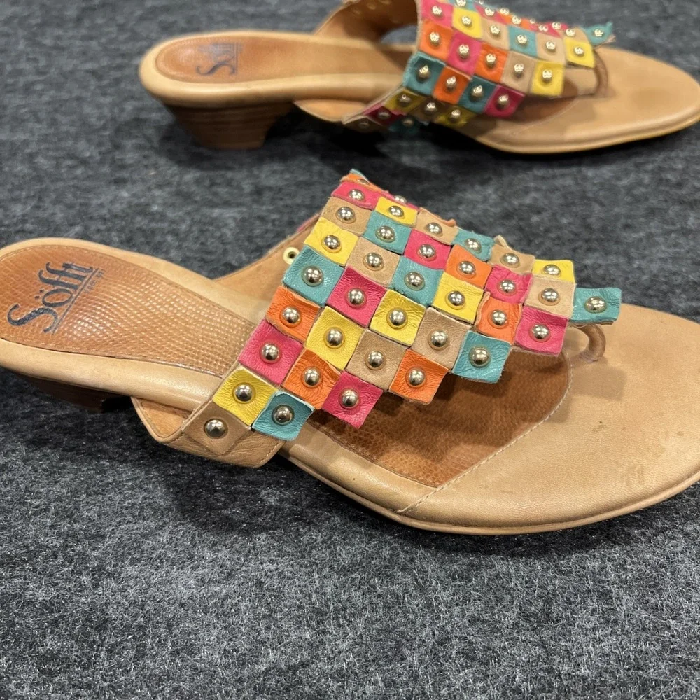 Sofft Studded Multicolor Leather Kitten Heel Slipon Sandal Size 8 Bohemian Comfy - Picture 5 of 9
